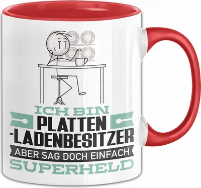 Produktbild von Plattenladenbesitzer Geschenk Tasse Ich Bin Plattenladenbesitzer Aber Sag Doch Einfach Superheld Lustige Geschenkdiee für Plattenladenbesitzer Kaffee-Becher (Rot)