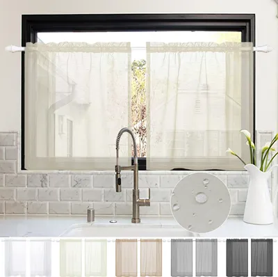 Immagine prodotto di set di 2 tende impermeabili semi-trasparenti, tenda a doppio bastone breve tirare-attraverso l'aspetto di lino per la cucina caffè ristorante camera da letto, W85xH76cm Beige