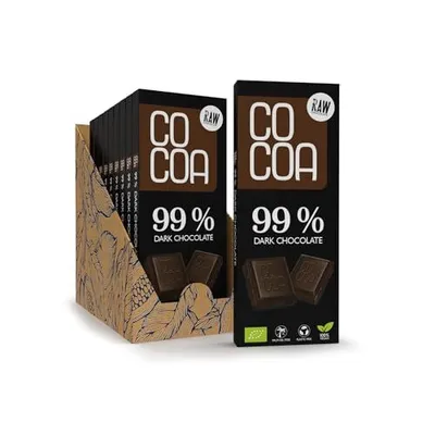 Obrázok produktu pre Čokoláda COCOA 99% tmavá zo surových kakaových bôbov Vegánska Bez cukru 10x40g krabička S kakaovými lupienkami