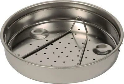 A stainless steel steamer insert with a perforated bottom and a wire handle.