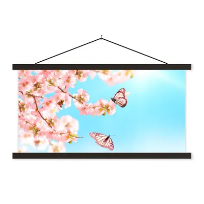 Produktbild von MuchoWow® Textilposter Schmetterlinge - Baum - Blumen 150x75 cm mit schwarzem Rahmen - Posterleiste
