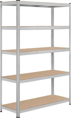 A silver metal shelving unit with five wooden shelves, shown against a white background.