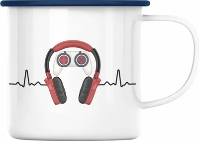 Produktbild von Trendation - Gamer Emaille Tasse Geschenk Herzschlag Zocker Geschenkidee Jungs Jungen Mitbringsel (Blau)