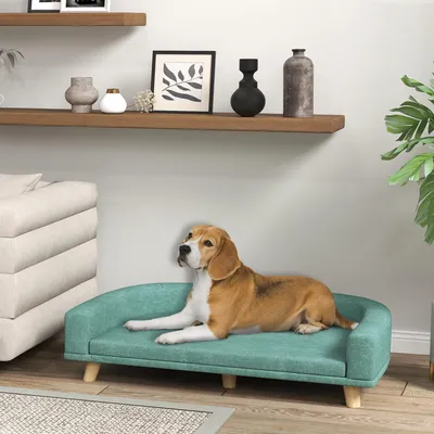 Imagen del producto de Cama para perros Sweiko, sofá para mascotas, madera de eucalipto, 98 x 67 x 25 cm, color verde