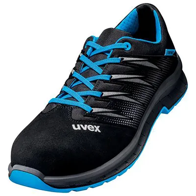 A single black and blue safety shoe is shown against a white background.