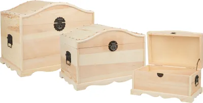 Produktbild von VBS Runddeckeltruhen, 3er-Set, Kiefernholz, ca. 50 x 35 x 40, 44 x 29 x 32, 38 x 23 x 24 cm