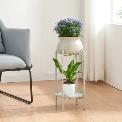 Produktbild von Pflanzenständer ‘Altena’ mit Blumentopf und Ablage Metall 80,5 x 40 x 40 cm Hellgrau