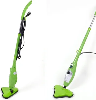 A split image showing a green steam mop from two different angles against a white background.