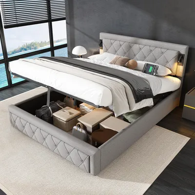 Image de okwish Lit boxspring 160x200cm rembourré avec éclairage et USB, lit coffre hydraulique avec sommier et tête de lit en losanges, lin, gris (sans matelas)