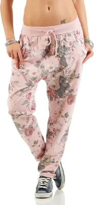 Produktbild von 130 Damen Jogginghose Hose Sweatpants Baumwolle Freizeithose Boyfriend Baggy Haremshose Einheitsgröße (36-40) Blumen Muster Print, Rosa