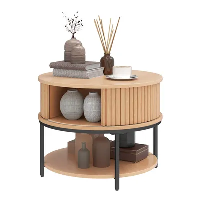 Produktbild von Couchtisch Rund Beistelltisch Wohnzimmertisch, Schiebetüren Rollo-Optik, 60x60x46cm, Beige