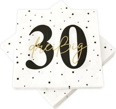 Produktbild von 20 Servietten zum 30. Geburtstag 33 x 33 cm - weiß schwarz gold