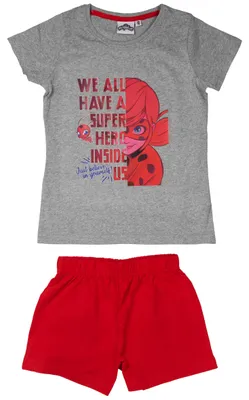 Produktbild von Miraculous Schlafanzug für Mädchen We all have a superhero inside us Kinder Pyjama Set Kurzarm Oberteil mit Hose Grau/Rot 110-116
