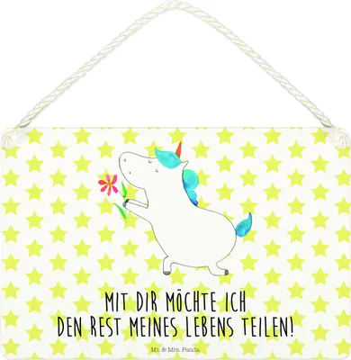 Produktbild von Mr. & Mrs. Panda Schild Einhorn Blume DIN A4 - Weiß - Geschenk, kleine aufmerksamkeit, wandtafel, Liebe, Unicorn, Freundin, Partner, Einhörner, Türschild, holzbild