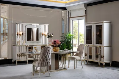 Produktbild von Esszimmer Set Weiß Esstisch Luxus 4x Stühle Anrichte Vitrine Neu 8tlg.
