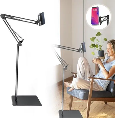 Image de Support réglable pour tablette et smartphone, compatible avec les appareils de 4,7 à 13 pouces, hauteur réglable de 40 à 140 cm, rotation à 360°, fabriqué en alliage d'aluminium et en ABS, base stable