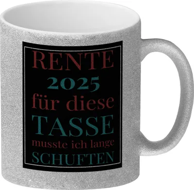 Produktbild von Rente 2025 Glitzer-Kaffeebecher eine bunte Tasse für Rentner in weiß