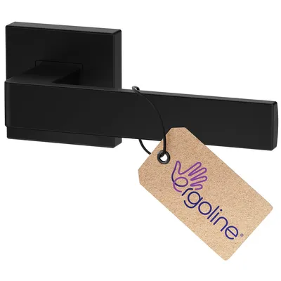 A black door handle with a product tag attached.