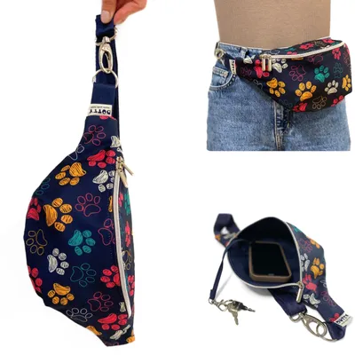 Produktbild von DOTTY Hüfttasche Bauchtasche Gürteltasche für Spaziergänge und Outdoor – dunkelblau mit dunkelblauer Tasche im Pfotenmuster, wasserabweisend