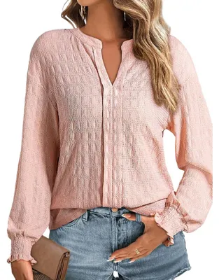 Produktbild von Damen Bluse Elegant V-Ausschnitt Langarm Casual Stilvoll Pink XL