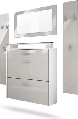 Produktbild von Vladon Garderobe Malea, Garderobenset bestehend aus 1 Hängeschuhschrank, 1 Wandspiegel und 2 Garderobenpaneele, Weiß matt/Sandgrau Hochglanz