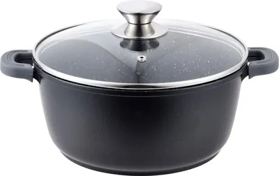 A black cooking pot with a glass lid and silver handle, shown from the front on a white background.