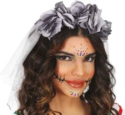 Produktbild von Tag Der Toten Kopfschmuck Schleier Graue Blumen Halloween Accessoire, Farbe: Grau