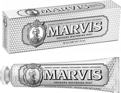 A box and a tube of Marvis Smokers Whitening Mint Toothpaste.