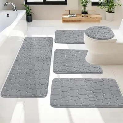 Produktbild von PolkaHome® Badteppich-Set 5-teilig, rutschfeste Badematte mit WC-Vorleger, waschbar, Mikrofaser, Grau