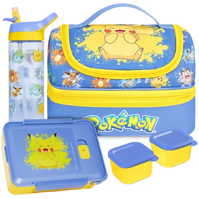 Produktbild von Get Trend Pokemon Brotdose Kinder Set 3-Teilig, Isolierte Lunchtasche, 600ml Trinkflasche & Snackbox mit Fächern, BPA Frei, Leicht Bento Box Set für Schule & Picknick (Blau/Multi Pokemon)