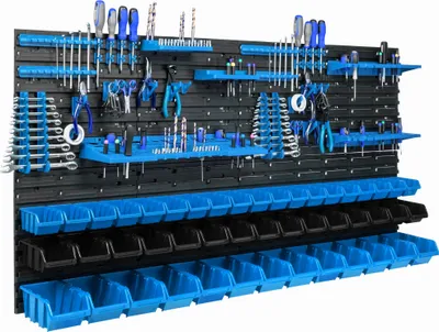 Immagine prodotto di 47 scatole impilabili scaffale a parete in plastica 154 x 78 cm portautensili sistema di stoccaggio per officina garage scaffale aperto scivolo per scatole