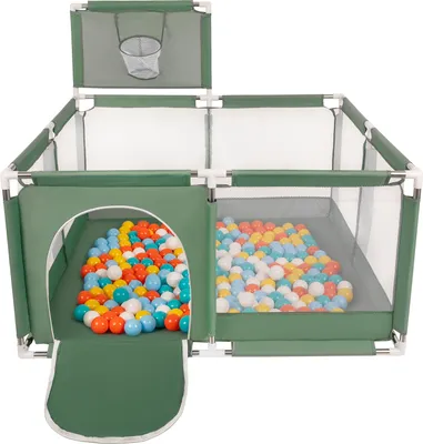 Produktbild von Selonis Laufstall Mit Korb Und 100 Bälle Laufgitter Für Kinder, Grün:Weiß/Gelb/Orange/Babyblau/Türkis