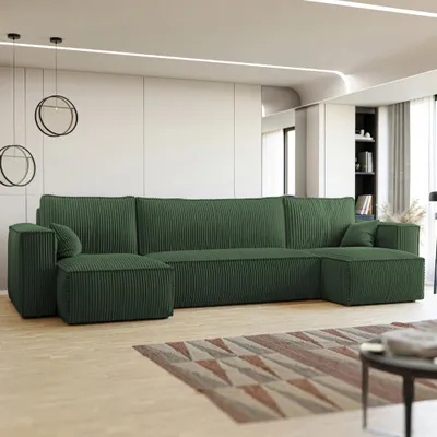 Produktbild von Wohnlandschaft U-Form Mulri U Poso 14 Flaschengrün Cord Schlaffunktion Bettkasten