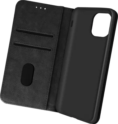 A black leather flip case for a smartphone is shown open, revealing the inside compartments and the phone holder.