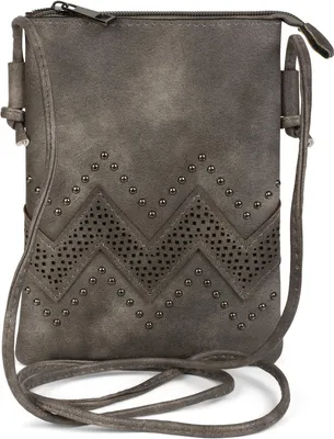 Immagine prodotto di styleBREAKER: Mini borsa a tracolla da donna, 14x19 cm. Realizzata in ecopelle morbida con dettagli a zig-zag e borchie. Chiusura con zip. Ideale per feste, festival, uso quotidiano. Piccola borsa a tracolla