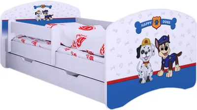 Produktbild von 1x Happy Babies Kinderbett mit Rausfallschutz Junge 140x70 Bett für Kinderzimmer mit Schublade Matratze Einzelbett für Kinder Weiß Blau Hundemotiv