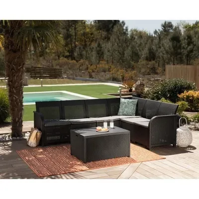 Produktbild von ALLIBERT von KETER - SanRemo Storage 6-Sitzer-Ecksofa in gewebter Rattanimitation mit Couchtisch und Kissenaufbewahrung - graphitgrau