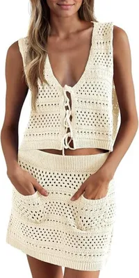 Produktbild von Cover-up Damen – Zweiteiliges Badeanzug-Set aus Häkelmaterial – y Tankini mit V-Ausschnitt – Hohe Taille – Atmungsaktiv und bequem – Perfekt für Strand und Pool – Strandkleid