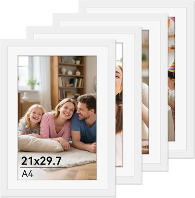 Produktbild von Fotogrößen A4, weiß – Set mit 4 Stück – Bilderrahmen 21 x 30 cm mit Plexiglas – Bilderrahmen für Fotos – Poster (Weiß – 21 x 29,7 cm)