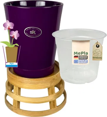 Produktbild von MePla - Set - Orchideenkübel Merina ø14 Aubergine + Pflanztopf ø12 + Bamus-Topfständer