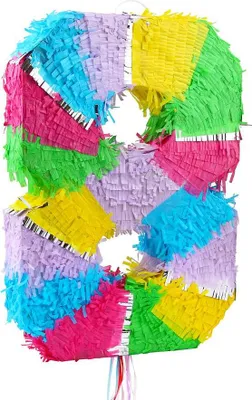 Produktbild von Pinata Zahl 8, bunt pastell, für Party, 50 cm hoch, 35 cm breit, 7,5 cm tief