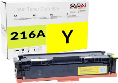 A yellow laser toner cartridge and its packaging are shown against a white background.