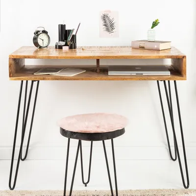 Produktbild von cagü: Design Schreibtisch [MALITA] Natur aus Mangoholz mit 2 Ablagefächern und Schwarzen Haarnadelbeinen aus Metall 100cm x 50cm