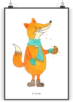Produktbild von Mr. & Mrs. Panda Bild Fuchs Keks DIN A3 - Weiß - Geschenk, wanddeko, Wandbild, Weihnachtlich, Weihnachten, Winter, drucke, Plakat, Frieren, Kunstdruck, Kekse