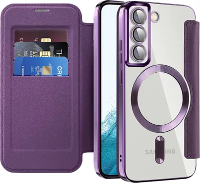 Image de Etui pour Samsung Galaxy S22 5G compatible avec MagSafe, étui transparent avec porte-cartes, étui en cuir avec protection de l'appareil photo Violet