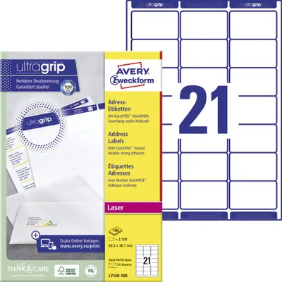 Produktbild von Avery Zweckform L7160-100 Adress-Etiketten, A4 mit ultragrip, 63,5 x 38,1 mm, 100 Bogen/2.100 Etiketten, weiß