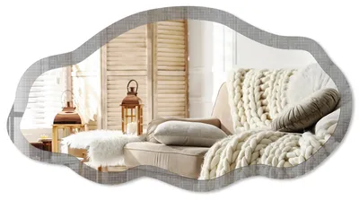 Imagen del producto de Espejo de pared moderno con un borde decorativo, de 90x45 cm. Espejo asimétrico de forma libre, ideal para decorar salones, pasillos y dormitorios. Diseño geométrico, Imagen generada por IA