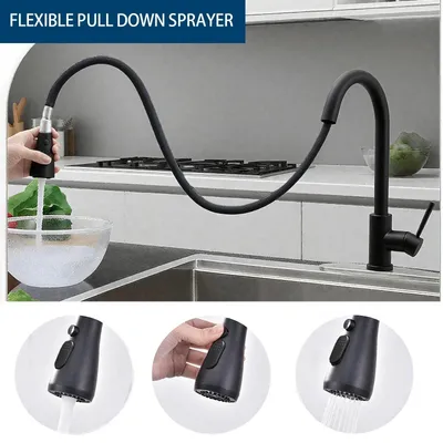 Produktbild von AICA Küchenarmatur ausziehbar mit Brause 3 Strahlarten Mischbatterie 360° drehbar Hochdruck Wasserhahn Küche Schwarz Matt