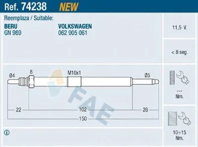 Produktbild von FAE 74238 Diesel Glühkerze für VW LT 28-46 II Kastenwagen (2DA, 2DD, 2DH) M10x1