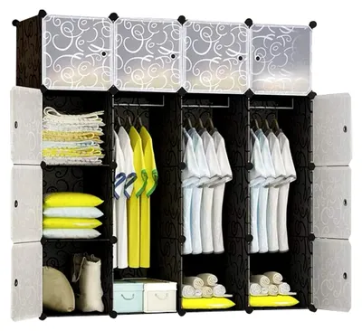 Produktbild von Kleiderschrank aus 16 Würfeln, Garderobenschrank Steckregalsystem aus Kunststoff mit Türen und 3 Aufhängern, tiefere Fächer für mehr Platz